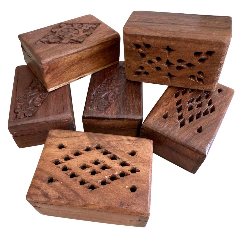 6 Rosewood Trinket Pill Mini Stash Boxes Various Designs 3x2 Vintage India 1970s